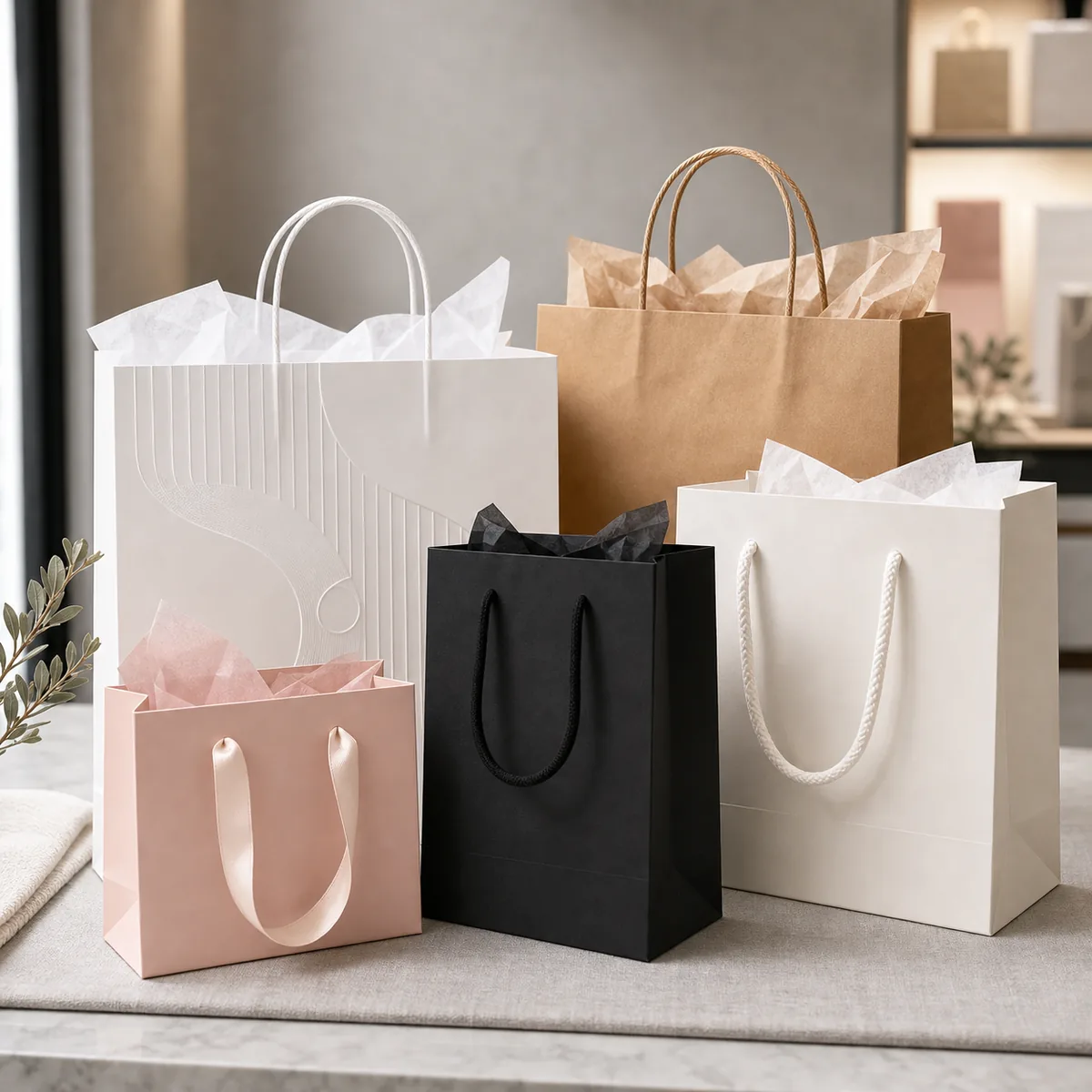 custom paper shopping bags with rope handles for retail and gift packaging