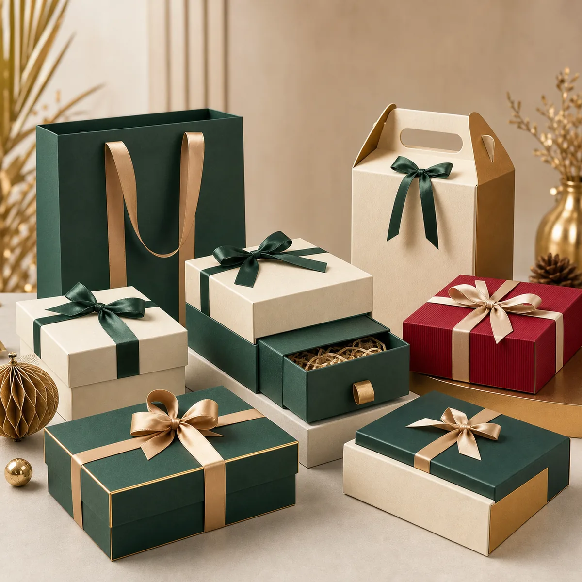 custom gift packaging boxes with ribbons and premium presentation style