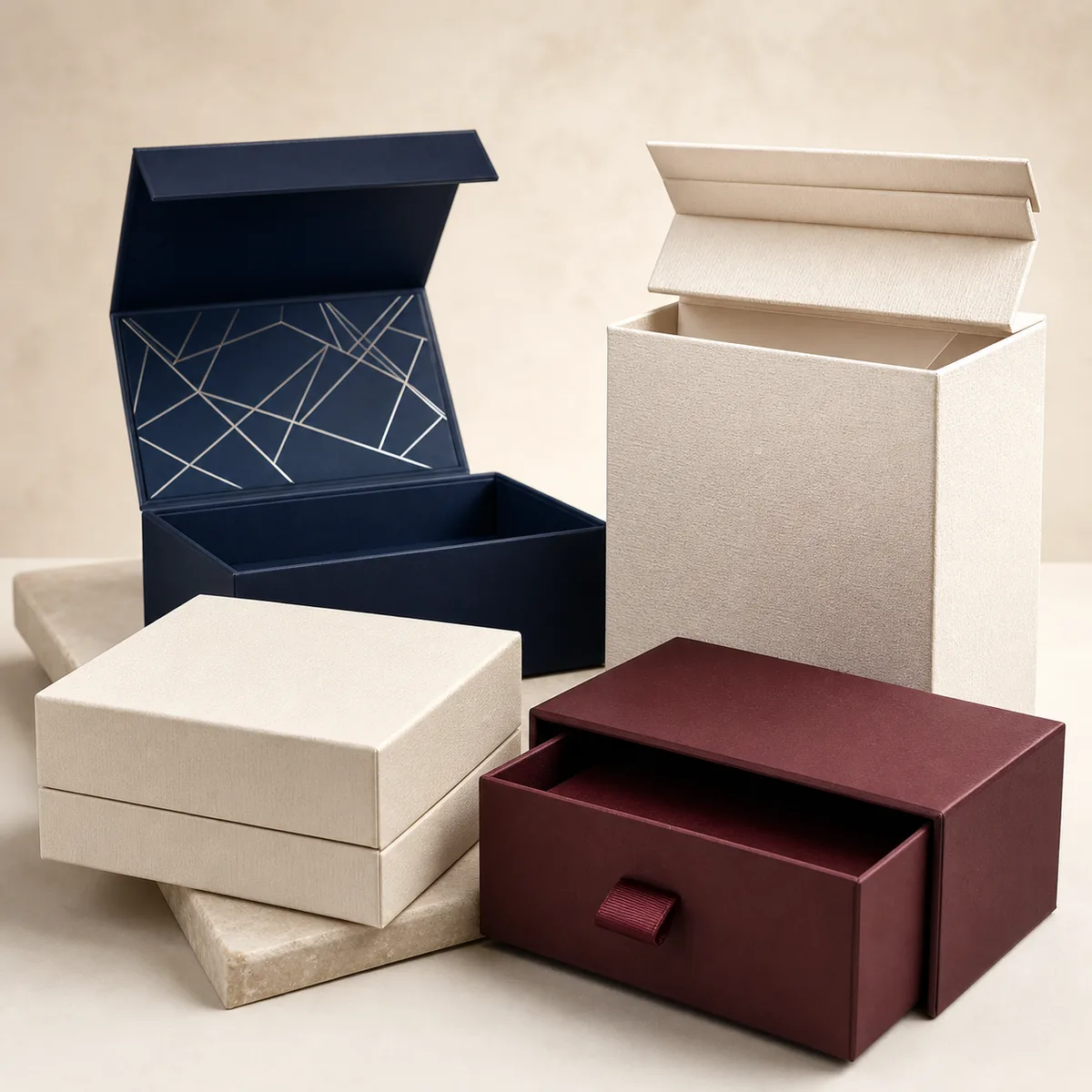 custom rigid gift boxes with magnetic closure drawer and lid base structures