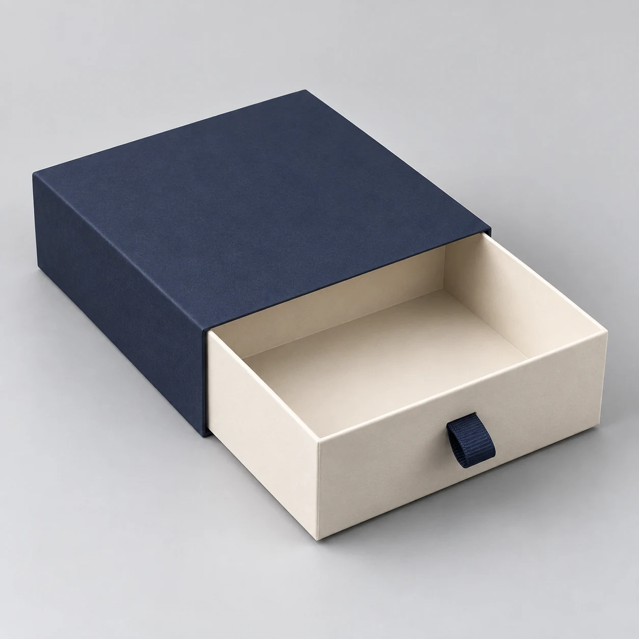 Illustrative concept of a partly open sliding drawer box and outer sleeve
